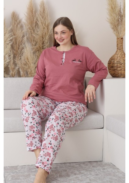 X-Dreamy Büyük Beden Pamuklu Düğmeli Yaka Uzun Kollu Penye Pijama Takımı