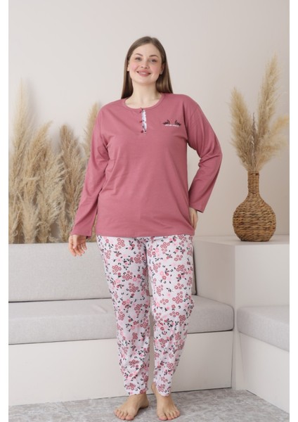X-Dreamy Büyük Beden Pamuklu Düğmeli Yaka Uzun Kollu Penye Pijama Takımı