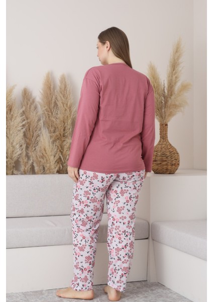 X-Dreamy Büyük Beden Pamuklu Düğmeli Yaka Uzun Kollu Penye Pijama Takımı