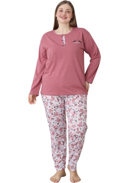 X-Dreamy Büyük Beden Pamuklu Düğmeli Yaka Uzun Kollu Penye Pijama Takımı