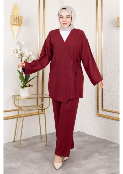 Kadın Kruvaze Yaka Yandan Bağlamalı Pantolonlu Tunik Tesettür Takım Bordo modelleri