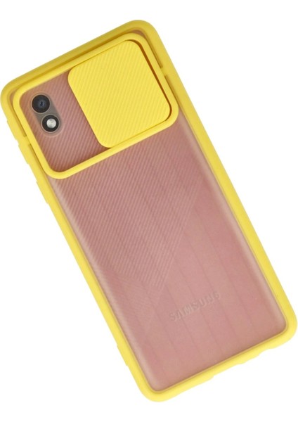 Samsung Galaxy A01 Core Kılıf Palm Buzlu Kamera Sürgülü Silikon - Sarı - KA2630-5602