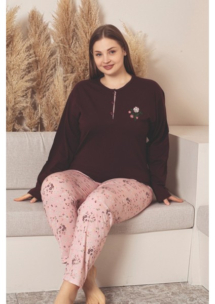 X-Dreamy Büyük Beden Pamuklu Düğmeli Yaka Uzun Kollu Penye Pijama Takımı