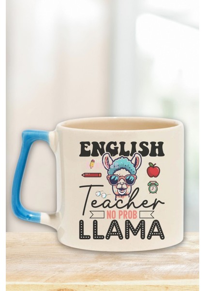 English Teacher No Prob Llama Baskılı Ingilizce Öğretmeni Doğum Günü Hediye Mavi Kulplu Kupa Bardak