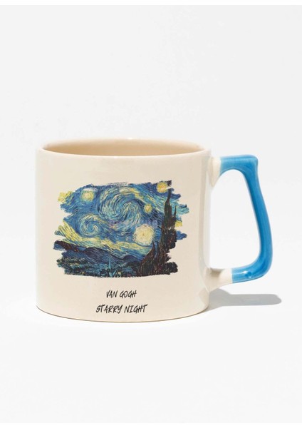 Van Gogh Temalı Starry Night Baskılı Mavi Kulplu Modern Seramik Kupa