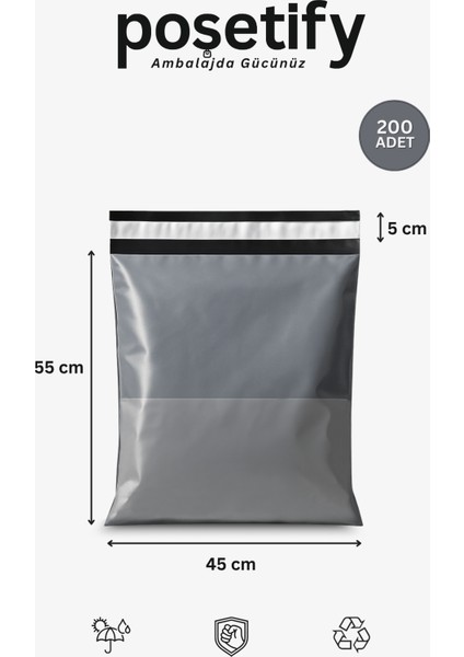 Gri Cepli Kargo Poşeti 45X55+5 cm | Yapışkan Bantlı Gönderi Zarfı | 200’LÜ E-Ticaret Poşeti