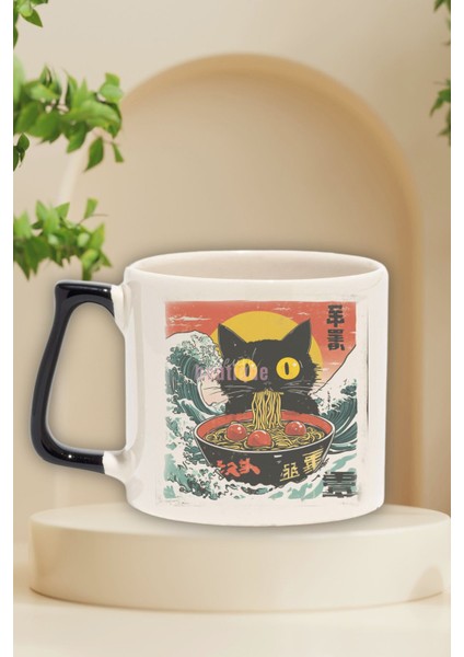 Ramen Ilüstrasyon Kedi 6 Baskılı Sevimli Noodle Kedi Doğum Günü Hediye Siyah Kulplu Kupa Bardak