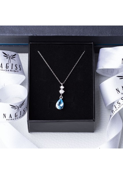 Mavi Damla Model Zirkon Taşlı 925 Ayar Gümüş Kadın Kolye