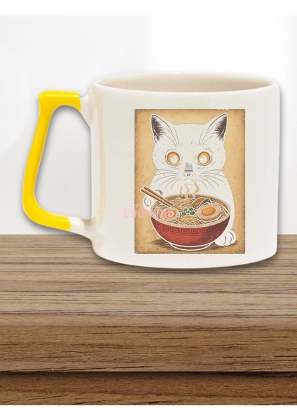 Ramen Sevimli Kedi Baskılı Japon Noodle Anime Manga Doğum Günü Hediye Sarı Kulplu Kupa Bardak