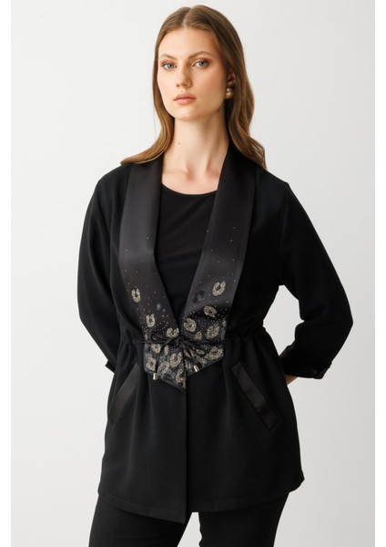 Kadın Büyük Beden Taş Işlemeli Duble Kol Ceket 4984 Siyah