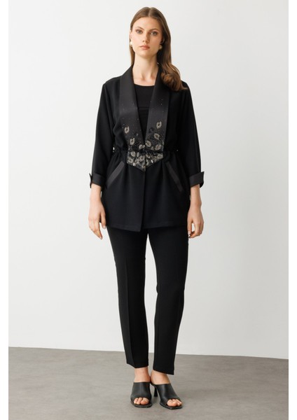 Kadın Büyük Beden Taş Işlemeli Duble Kol Ceket 4984 Siyah modelleri