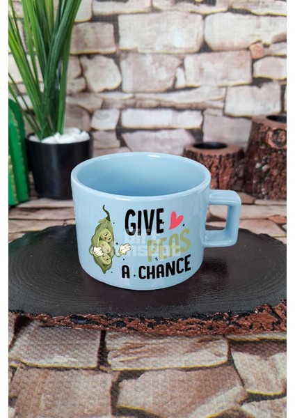 Give Vegan A Chance Baskılı Kare Kulplu Fincan Mavi Kupa Bardak