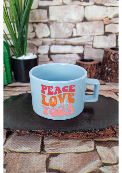 Peace Love Yoga Huzur Aşk Yoga Kare Kulplu Fincan Mavi Kupa Bardak