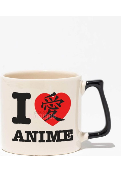 I Love Anime Baskılı | Hediyelik | Siyah Kulplu Modern Seramik Kupa