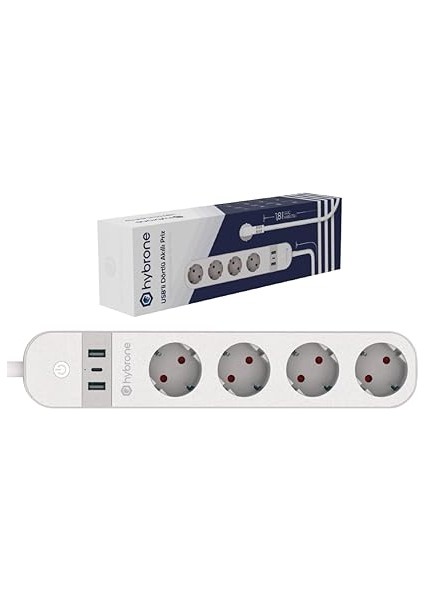 Hybrone USB ve Type-C Girişli Akım Korumalı Dörtlü Wi-Fi Akıllı Priz, 16 Amper, Enerji Izleme, Uygu