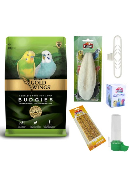 Premium Muhabbet Kuş Yemi 1 kg 2027 Skt Taze Yem / Exovit Kalamar Kemiği 10-12 cm ve Tutacağı/ Exovit 3'lü Ballı Kraker / Exovit Suluk / Exovit Gaga Taşı Avantaj Seti