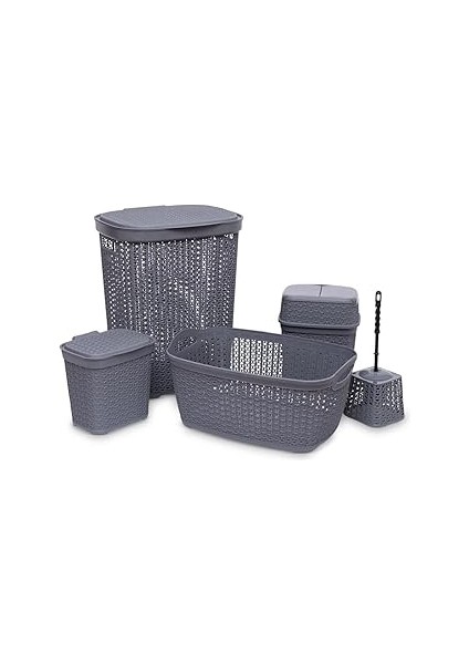 Miss Collection 5'li Hasır Desenli Set - Kirli Sepeti+Çamaşırlık+Deterjanlık+Çöp Kovası+Wc Fırça An