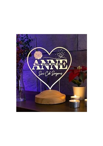 Kalp Şeklinde Anneler Günü Hediyesi, Kişiye Anneye Hediye Isim Yazılı LED Lamba