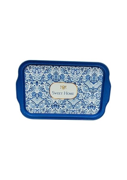 Evle-Azulejos Desenli Metal Tepsi - Çay Kahve Tepsisi - Sunum Tepsisi 21 cm x 31 cm (Azulejos