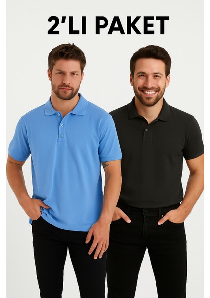 Erkek 2 Li Paket Basic Kısa Kol Bol Polo Yaka Tişört