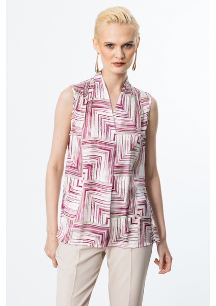 Kadın V Yaka Desenli Kolsuz Bluz 3132 Fuşya