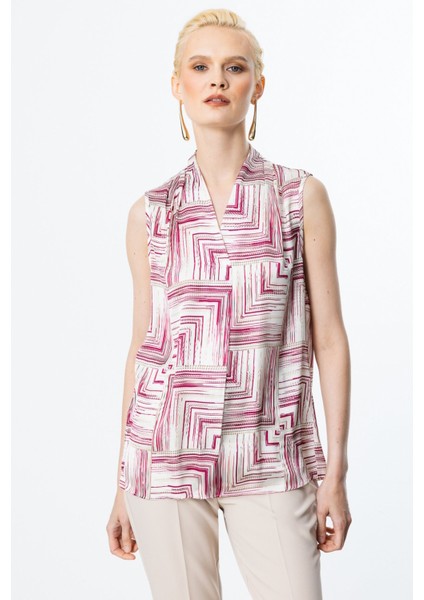 Kadın V Yaka Desenli Kolsuz Bluz 3132 Fuşya fiyatları