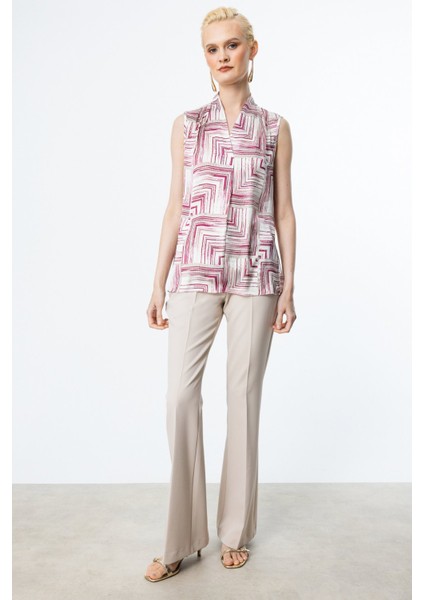 Kadın V Yaka Desenli Kolsuz Bluz 3132 Fuşya modelleri