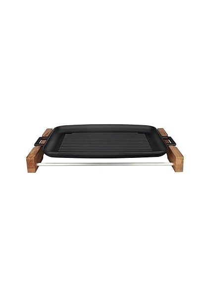 Döküm Grill Tepsi, Izgara Yüzeyli, Metal Kulplu, Ahşap Standlı, 31X42CM