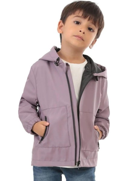 Spor Erkek Çocuk Mürdüm Astarlı Su ve Rüzgar Geçirmez Kapüşonlu Çift Fermuarlı Yağmurluk