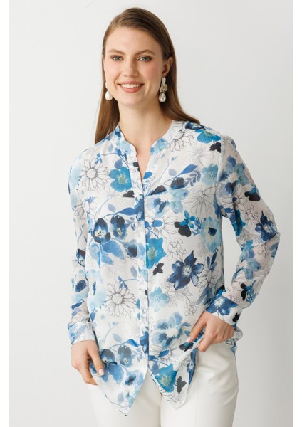 Kadın Büyük Beden Kendinden Desenli Bluz 3514 Mavi