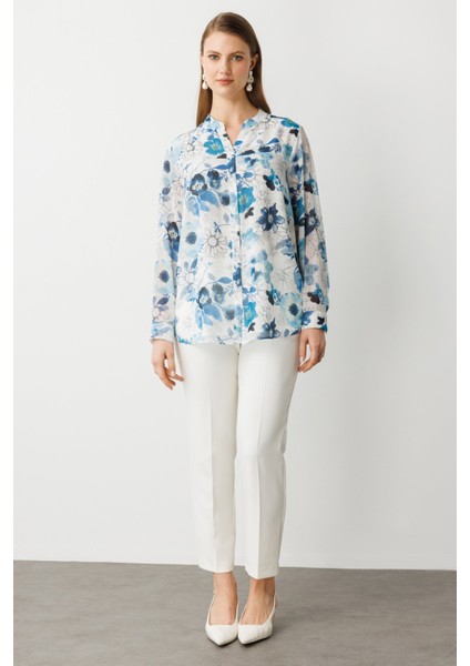 Kadın Büyük Beden Kendinden Desenli Bluz 3514 Mavi modelleri