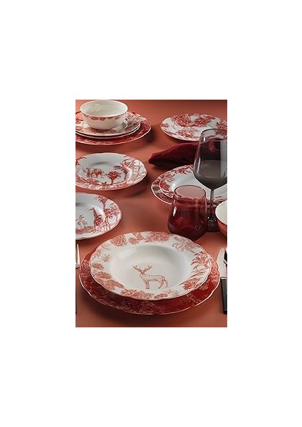 Porselen Bone Olympos 6 Kişilik 28 Parça Yemek Takımı Kırmızı Dekorlu 11573