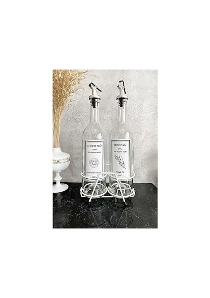 Jenisa Beyaz Standlı Akıtıcılı Şeffaf 750 ml Beyaz Etiketli Yağlık Yağdanlık