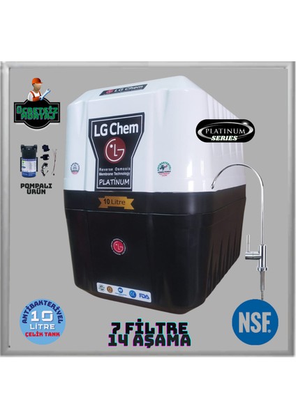 Platınum Pompalı & Montaj Dahil 10 Litre 7 Filtre 14 Aşama 90 Gpd Nano Membran Gümüş Iyon Tatlandırıcı Mineral Alkali Filtreli Antibakteriyel 12 Lt Çelik Tanklı Su Arıtma Cihazı