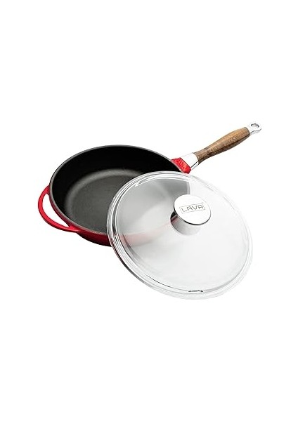 Metal Cam Kapaklı Ahşap Kulplu Yuvarlak Kızartma Tavası, 24 Cm, Kırımızı