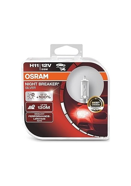 Ampul Night Breaker Silver H11 12V 55W%100'YE Kadar Fazla Işık 130M'YE Kadar Fazla Görüş Açıs