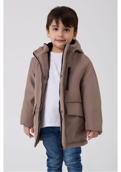 Spor Erkek Çocuk Taba Kürklü Su ve Rüzgar Geçirmez Kapüşonlu 3 Mont Parka