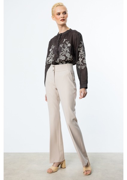 Kadın Beli Kalın Lastikli Ispanyol Paça Pantolon 2092 Bej fiyatları