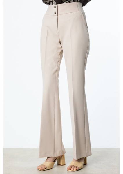 Kadın Beli Kalın Lastikli Ispanyol Paça Pantolon 2092 Bej modelleri