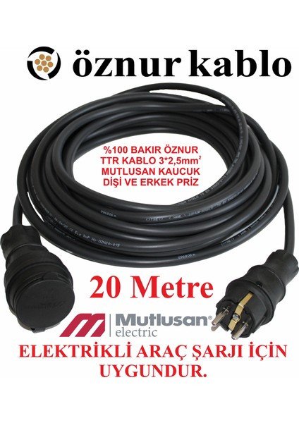 3x2,5 Ttr Kalın Bakır Kablo Seyyar 20METRE Kaucuk Fiş Araç Şarjına Uygundur