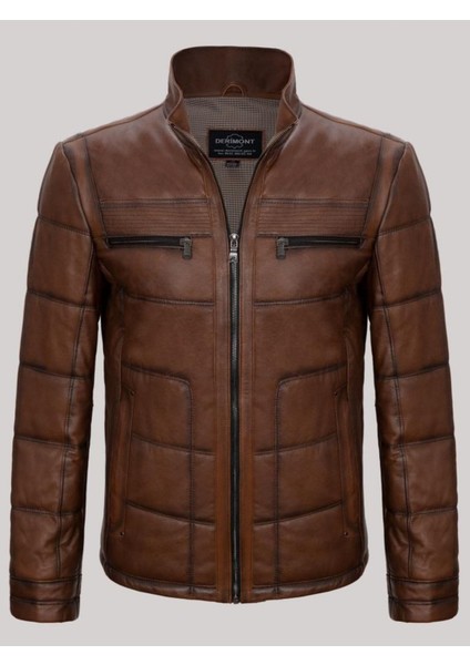 Hakiki Deri Kahverengi Erkek Deri Mont Kare Desenli Yan Cepli Fermuarlı Deri Ceket