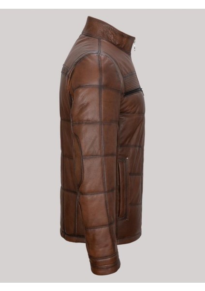 Hakiki Deri Kahverengi Erkek Deri Mont Kare Desenli Yan Cepli Fermuarlı Deri Ceket modelleri