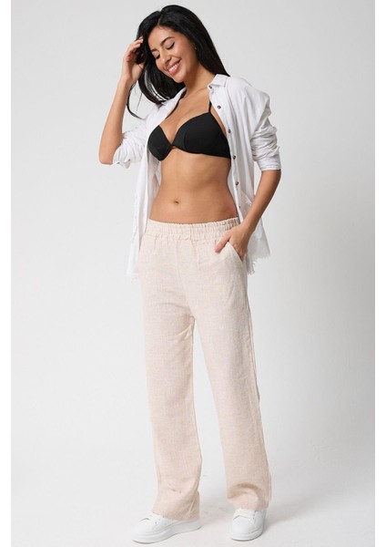 Kadın Beli Lastikli Cepli Keten Pantolon