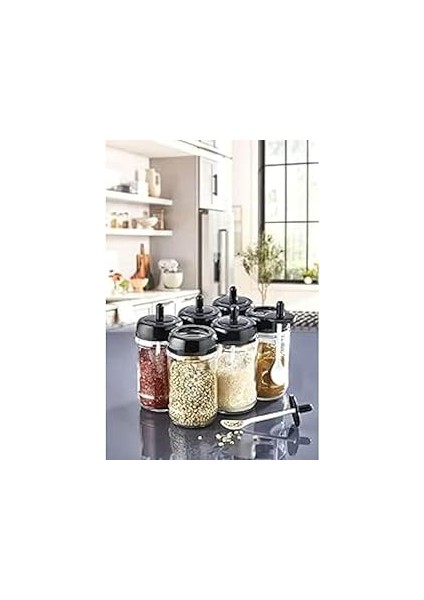 Rotanev 6 Adet Kapağı Kendinden Kaşıklı Baharatlık Seti 300 ml Cam Baharat Takımı