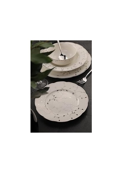 Porselen Bone Olympos 56 Parça 12 Kişilik Yemek Takımı Leaves Silver