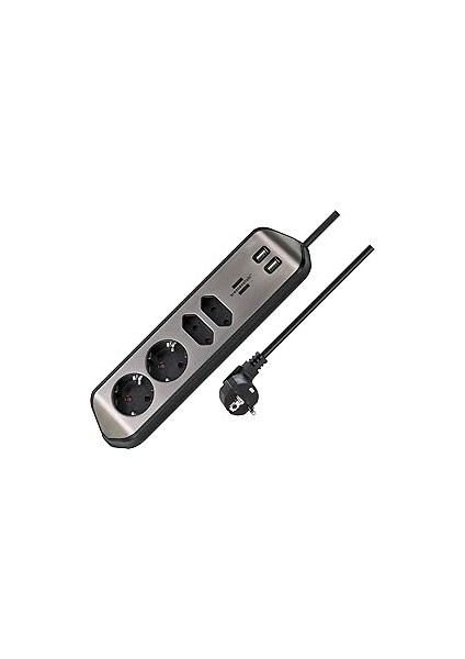 Brennenstuhl Estilo Mutfak ve Ofis Çelik Yüzeyli Köşeli 4 Soketli 2 USB Li 2 mt Uzatma Kablo
