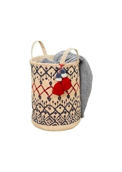 Kilim Desenli Yuvarlak Sepet El ve Plaj Çantası – 37X30 Cm, Çok Amaçlı Dekoratif Organizer, Saklama