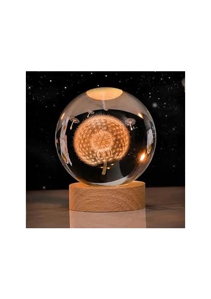 Cam Küre Işıklı Göz Yormayan Karahindiba Motifli Masaüstü Aydınlatma Gece Lambası Dekorat