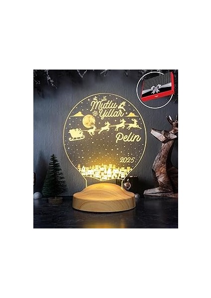 Yeni Yıl Hediyesi LED Lamba - Geyikli Yılbaşı Hediyesi, Isimli Mutlu Yıllar Hediyesi, Uçan Geyikler