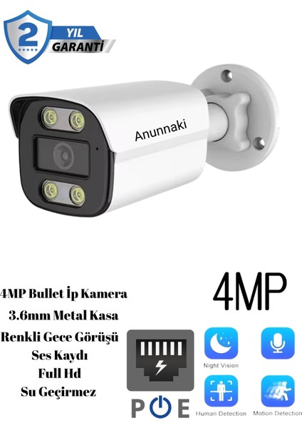 4mp Ip Kamera Metal Kasa 3.6mm Ses Kayıt Gece Görüşü Iç ve Dış Mekan Su Geçirmez Onvif